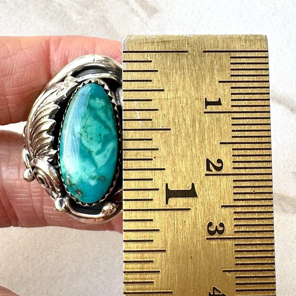 Navajo Turquoise Mens Ring Sz 12 Leaf Feather Signed Morgan Sterling Native Amer